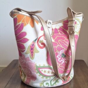 Spartina 449 Sarah Floral Linen Bucket Bag Gold Leather Trim